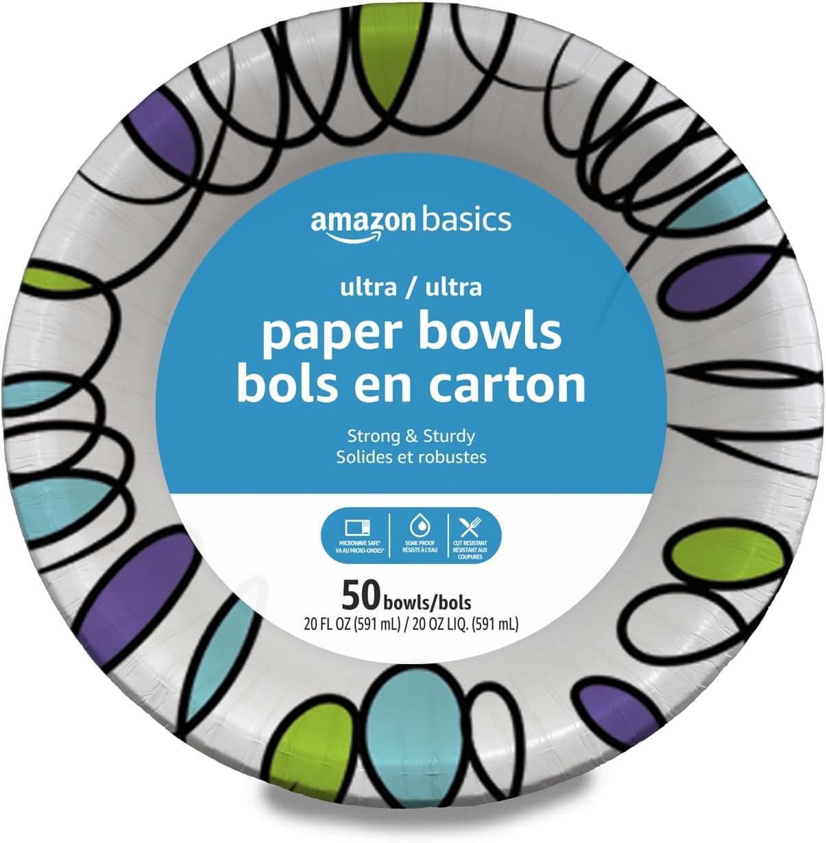 Amazon Basics Ultra Disposable Paper Bowls, 20 Oz, Microwave Safe, Soak Proof, Strong & Sturdy, White, 50 Count, Packaging May Vary