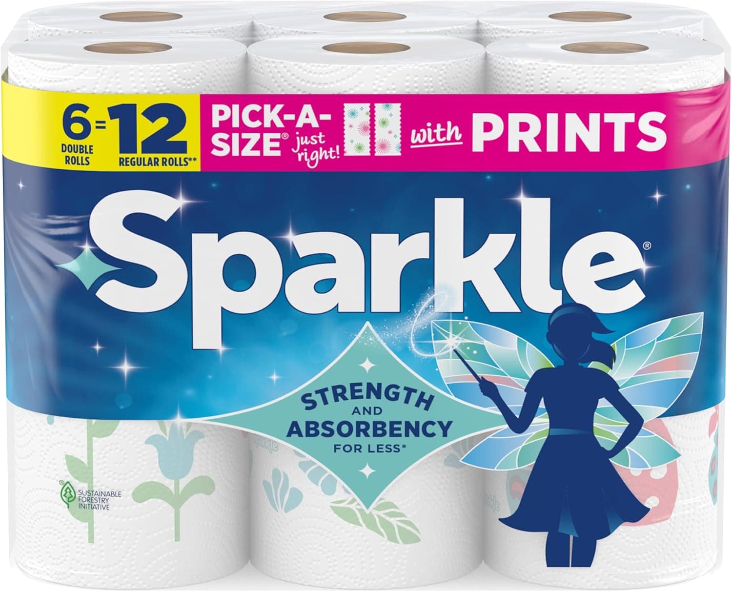 Sparkle Pick-A-Size Paper Towels, Spirited Print, 6 Double Rolls