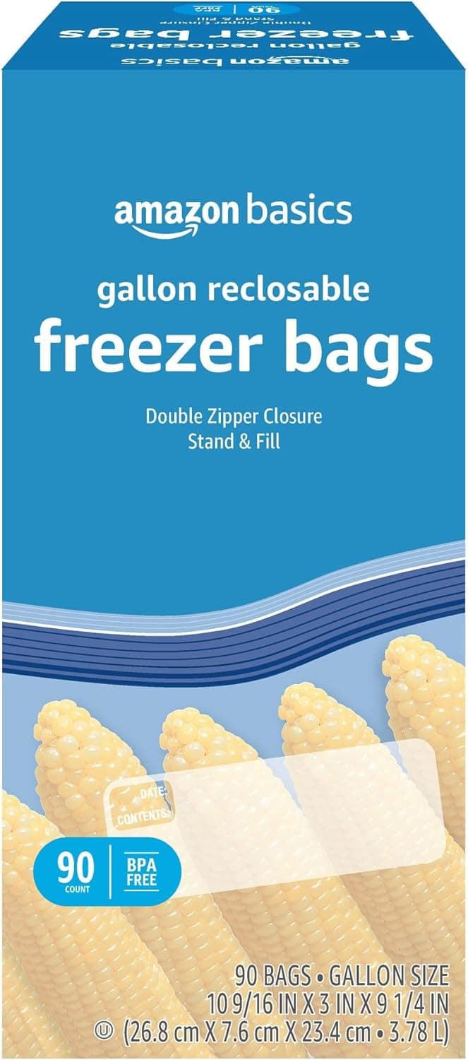 Amazon Basics Reclosable Freezer Gallon Bags, 90 Count