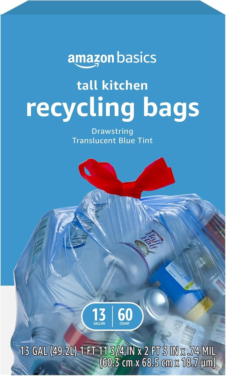 Amazon Basics Blue Recycling Drawstring Trash Bags, 13 Gallon, 60 Count