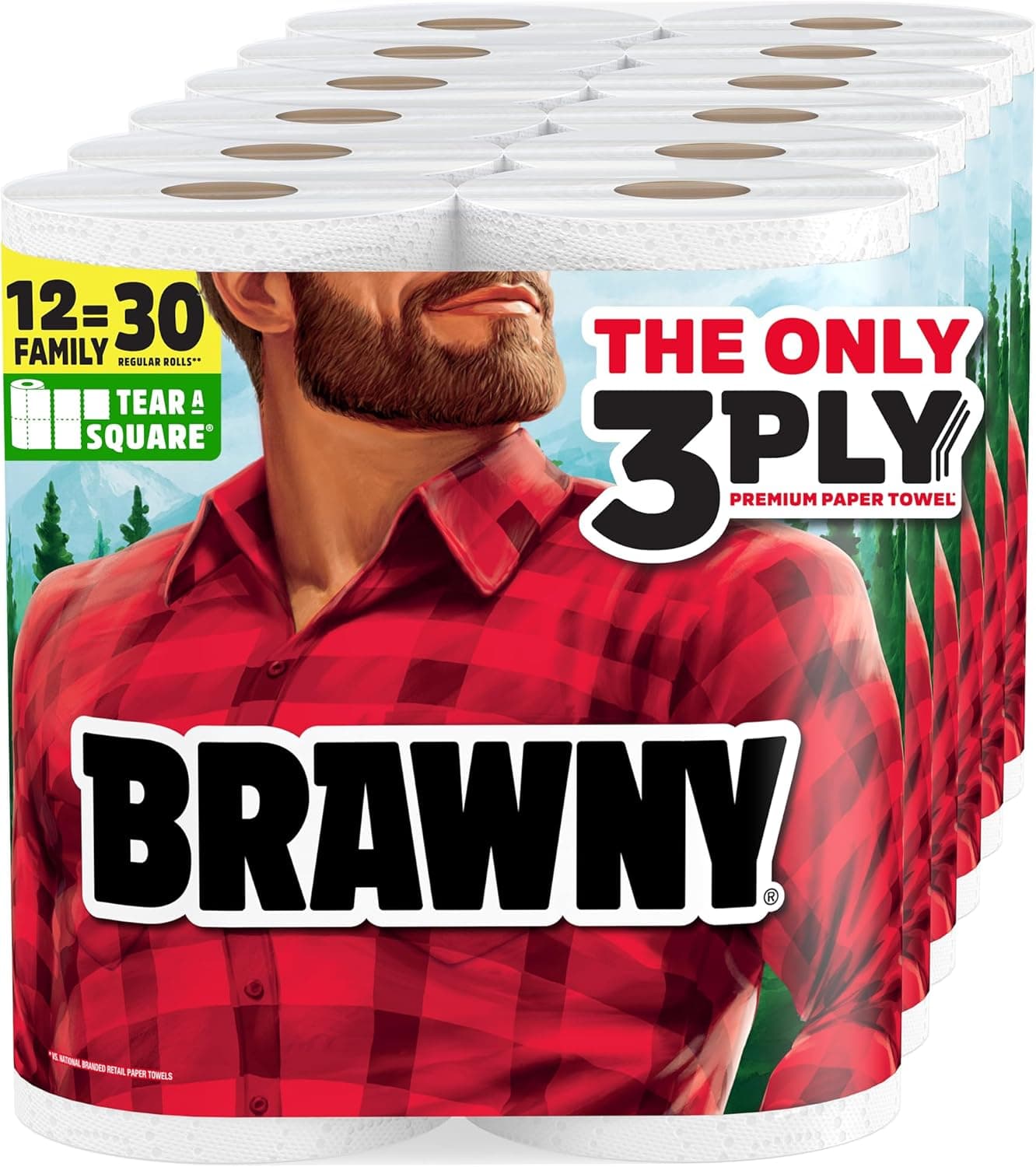 Brawny Tear-A-Square 3-Ply, 12 XL Family Rolls (= 30 Regular)